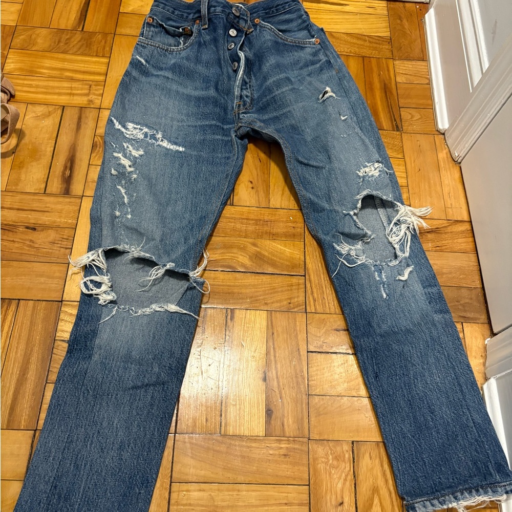 Re/Done Women's Distressed Blue Straight Jeans